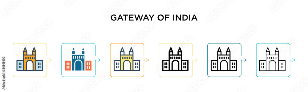 Gateway of india vector icon in 6 different modern styles. Black, two colored gateway of india icons designed in filled, outline, line and stroke style. Vector illustration can be used for web,
