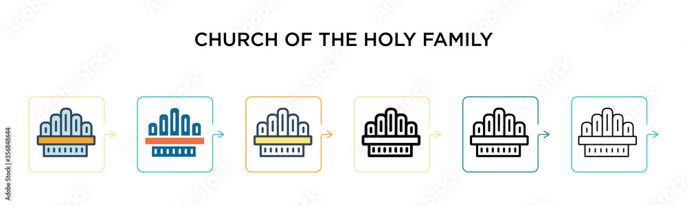 Church of the holy family vector icon in 6 different modern styles. Black, two colored church of the holy family icons designed in filled, outline, line and stroke style. Vector illustration can be Church of the holy family vector icon in 6 different modern styles. Black, two colored church of the holy family icons designed in filled, outline, line and stroke style. Vector illustration can be