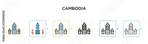 Cambodia vector icon in 6 different modern styles. Black, two colored cambodia icons designed in filled, outline, line and stroke style. Vector illustration can be used for web, mobile, ui