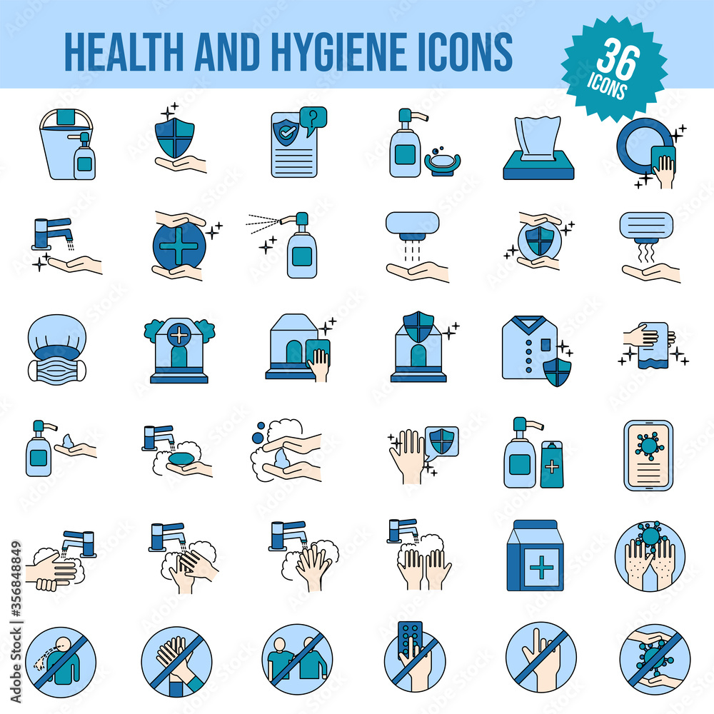 36 Blue Health and Hygiene Icon Set on White Background. 36 Blue Health and Hygiene Icon Set on White Background.