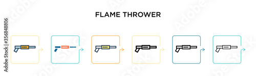 Flame thrower vector icon in 6 different modern styles. Black, two colored flame thrower icons designed in filled, outline, line and stroke style. Vector illustration can be used for web, mobile, ui