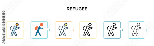 Refugee vector icon in 6 different modern styles. Black, two colored refugee icons designed in filled, outline, line and stroke style. Vector illustration can be used for web, mobile, ui