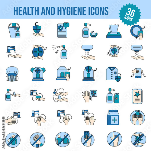 36 Blue Health and Hygiene Icon Set on White Background.