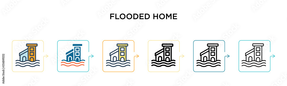 Flooded home vector icon in 6 different modern styles. Black, two colored flooded home icons designed in filled, outline, line and stroke style. Vector illustration can be used for web, mobile, ui Flooded home vector icon in 6 different modern styles. Black, two colored flooded home icons designed in filled, outline, line and stroke style. Vector illustration can be used for web, mobile, ui