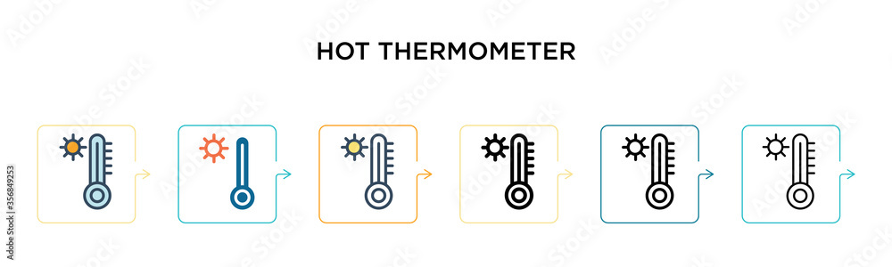 Hot thermometer vector icon in 6 different modern styles. Black, two colored hot thermometer icons designed in filled, outline, line and stroke style. Vector illustration can be used for web, mobile, Hot thermometer vector icon in 6 different modern styles. Black, two colored hot thermometer icons designed in filled, outline, line and stroke style. Vector illustration can be used for web, mobile,