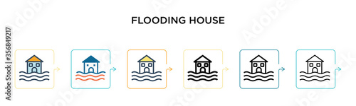 Flooding house vector icon in 6 different modern styles. Black, two colored flooding house icons designed in filled, outline, line and stroke style. Vector illustration can be used for web, mobile, ui