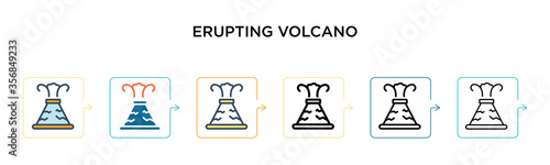 Erupting volcano vector icon in 6 different modern styles. Black, two colored erupting volcano icons designed in filled, outline, line and stroke style. Vector illustration can be used for web,
