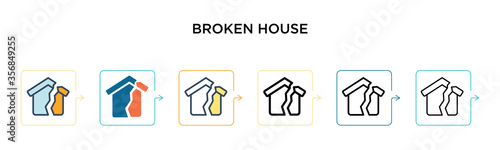 Broken house vector icon in 6 different modern styles. Black, two colored broken house icons designed in filled, outline, line and stroke style. Vector illustration can be used for web, mobile, ui