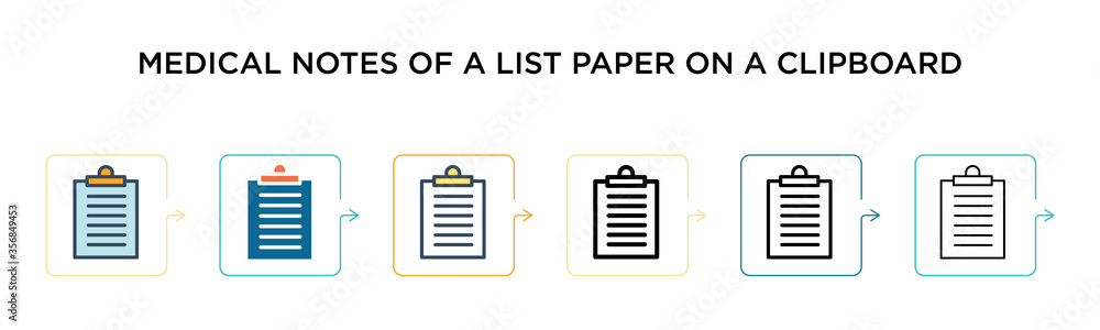 Medical notes of a list paper on a clipboard vector icon in 6 different modern styles. Black, two colored medical notes of a list paper on a clipboard icons designed in filled, outline, line and Medical notes of a list paper on a clipboard vector icon in 6 different modern styles. Black, two colored medical notes of a list paper on a clipboard icons designed in filled, outline, line and