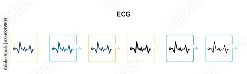 Ecg vector icon in 6 different modern styles. Black, two colored ecg icons designed in filled, outline, line and stroke style. Vector illustration can be used for web, mobile, ui