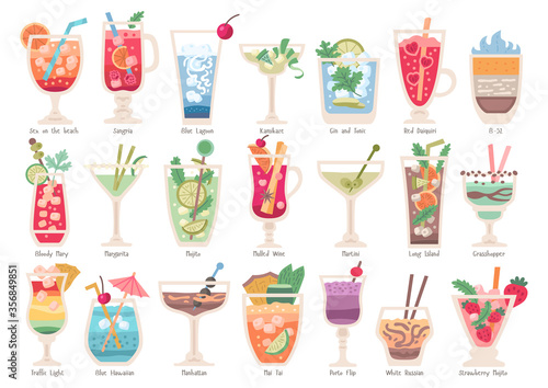 Alcoholic fruit cocktails set. Beach party drinks