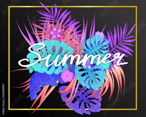 Summer trendy neon tropical leaves exotical plants palm jungle leaf lettering