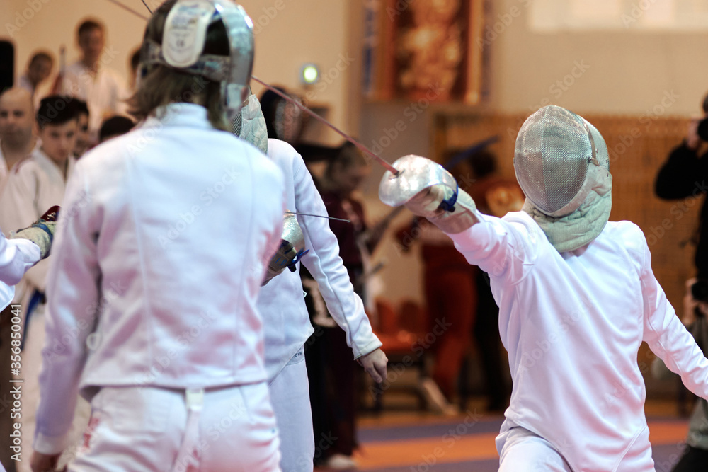 martial arts, fencing, two opponents