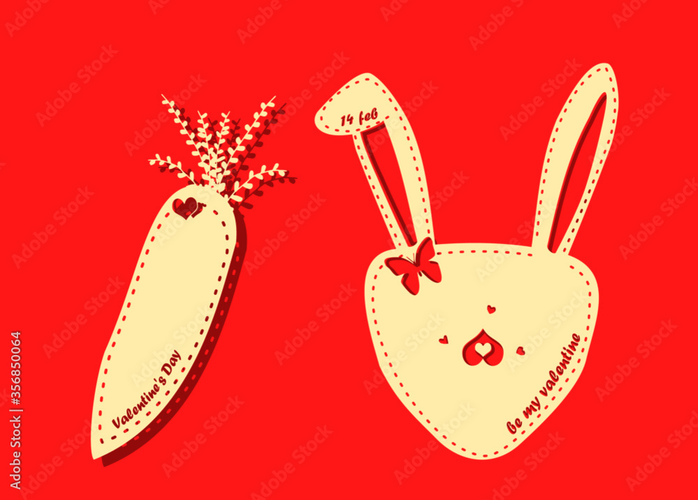 Valentine’s day greeting card/14 February/be my valentine rabbit and carrot shaped paper with text is a stencil paper design. For card, postcard, banner, template invitation.