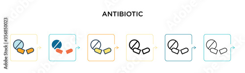 Antibiotic vector icon in 6 different modern styles. Black, two colored antibiotic icons designed in filled, outline, line and stroke style. Vector illustration can be used for web, mobile, ui