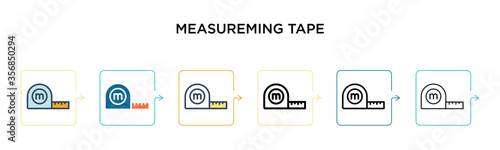 Measureming tape vector icon in 6 different modern styles. Black, two colored measureming tape icons designed in filled, outline, line and stroke style. Vector illustration can be used for web, photo