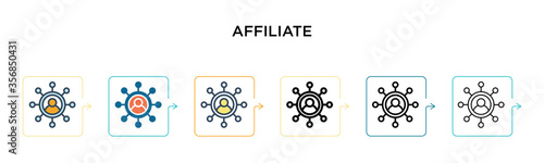 Affiliate vector icon in 6 different modern styles. Black, two colored affiliate icons designed in filled, outline, line and stroke style. Vector illustration can be used for web, mobile, ui