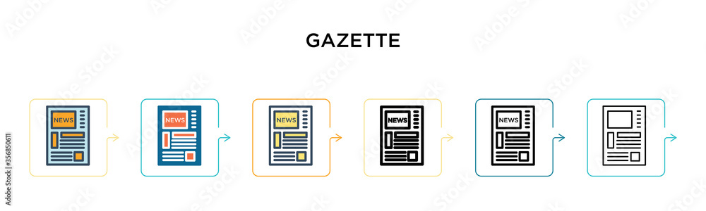 Gazette vector icon in 6 different modern styles. Black, two colored gazette icons designed in filled, outline, line and stroke style. Vector illustration can be used for web, mobile, ui Gazette vector icon in 6 different modern styles. Black, two colored gazette icons designed in filled, outline, line and stroke style. Vector illustration can be used for web, mobile, ui