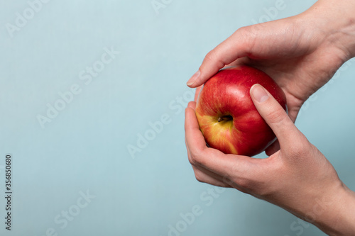 Fototapeta Naklejka Na Ścianę i Meble -  Female hands holding and offering a fresh red apple on a blue studio background, copy space. Harvest concept