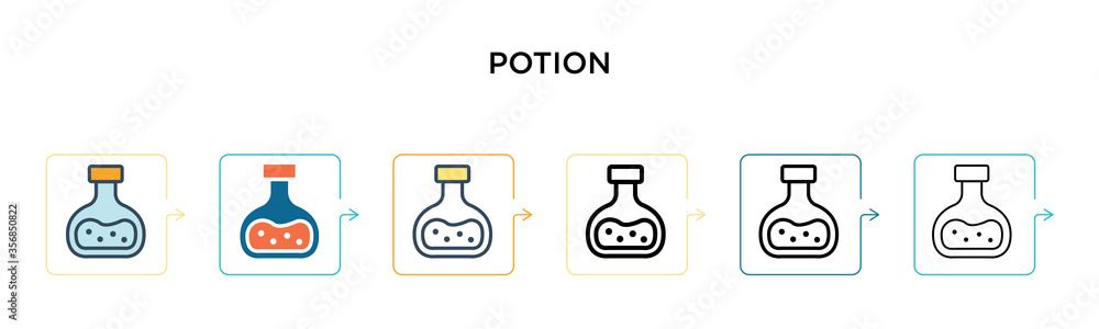 Potion vector icon in 6 different modern styles. Black, two colored potion icons designed in filled, outline, line and stroke style. Vector illustration can be used for web, mobile, ui Potion vector icon in 6 different modern styles. Black, two colored potion icons designed in filled, outline, line and stroke style. Vector illustration can be used for web, mobile, ui