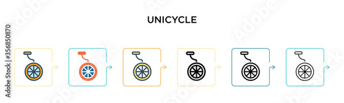 Unicycle vector icon in 6 different modern styles. Black, two colored unicycle icons designed in filled, outline, line and stroke style. Vector illustration can be used for web, mobile, ui