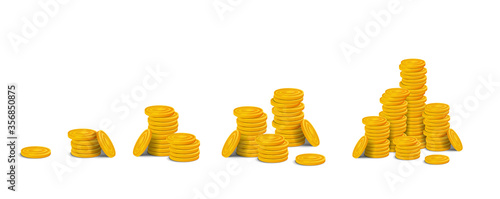 Set of golden coins piles. Stacks of colorful glossy money realistic game assets in a row from one coin to big pile. Vector stock illustration isolated on white background