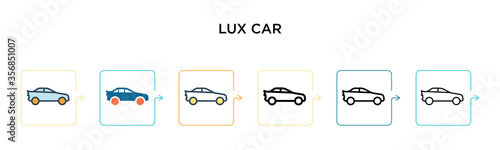Lux car vector icon in 6 different modern styles. Black  two colored lux car icons designed in filled  outline  line and stroke style. Vector illustration can be used for web  mobile  ui