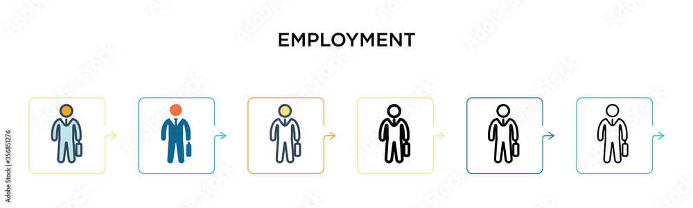 Employment vector icon in 6 different modern styles. Black, two colored employment icons designed in filled, outline, line and stroke style. Vector illustration can be used for web, mobile, ui Employment vector icon in 6 different modern styles. Black, two colored employment icons designed in filled, outline, line and stroke style. Vector illustration can be used for web, mobile, ui