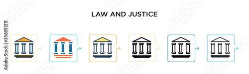 Law and justice vector icon in 6 different modern styles. Black, two colored law and justice icons designed in filled, outline, line and stroke style. Vector illustration can be used for web, mobile,