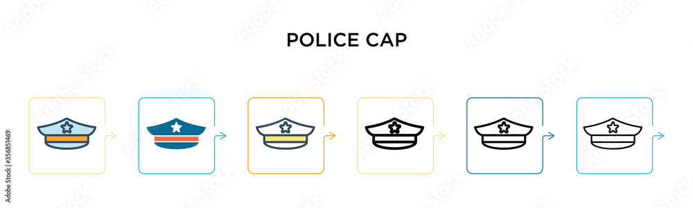 Police cap vector icon in 6 different modern styles. Black, two colored police cap icons designed in filled, outline, line and stroke style. Vector illustration can be used for web, mobile, ui Police cap vector icon in 6 different modern styles. Black, two colored police cap icons designed in filled, outline, line and stroke style. Vector illustration can be used for web, mobile, ui
