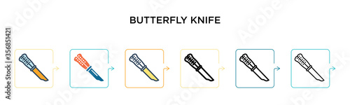 Butterfly knife vector icon in 6 different modern styles. Black, two colored butterfly knife icons designed in filled, outline, line and stroke style. Vector illustration can be used for web, mobile,