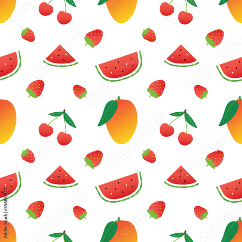 Colorful cartoon style summer fruits and berries seamless pattern background. Mango, cherry, strawberry, watermelon.