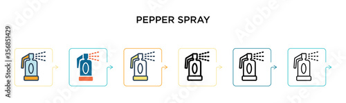 Pepper spray vector icon in 6 different modern styles. Black, two colored pepper spray icons designed in filled, outline, line and stroke style. Vector illustration can be used for web, mobile, ui
