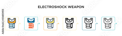 Electroshock weapon vector icon in 6 different modern styles. Black, two colored electroshock weapon icons designed in filled, outline, line and stroke style. Vector illustration can be used for web,