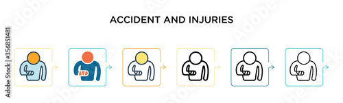 Accident and injuries vector icon in 6 different modern styles. Black, two colored accident and injuries icons designed in filled, outline, line and stroke style. Vector illustration can be used for