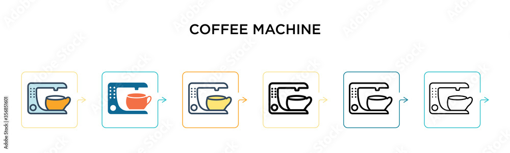 Coffee machine vector icon in 6 different modern styles. Black, two colored coffee machine icons designed in filled, outline, line and stroke style. Vector illustration can be used for web, mobile, ui Coffee machine vector icon in 6 different modern styles. Black, two colored coffee machine icons designed in filled, outline, line and stroke style. Vector illustration can be used for web, mobile, ui