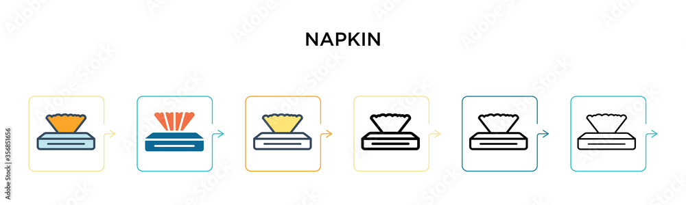 Napkin vector icon in 6 different modern styles. Black, two colored napkin icons designed in filled, outline, line and stroke style. Vector illustration can be used for web, mobile, ui Napkin vector icon in 6 different modern styles. Black, two colored napkin icons designed in filled, outline, line and stroke style. Vector illustration can be used for web, mobile, ui