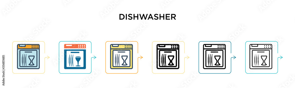 Dishwasher vector icon in 6 different modern styles. Black, two colored dishwasher icons designed in filled, outline, line and stroke style. Vector illustration can be used for web, mobile, ui Dishwasher vector icon in 6 different modern styles. Black, two colored dishwasher icons designed in filled, outline, line and stroke style. Vector illustration can be used for web, mobile, ui