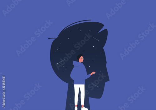 Psychoanalysis, young male character studying their own subconscious, stars and comets inside a dark silhouette