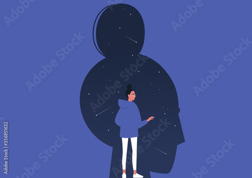 Psychoanalysis, young female character studying their own subconscious, stars and comets inside a dark silhouette