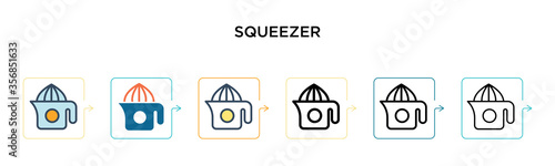 Squeezer vector icon in 6 different modern styles. Black, two colored squeezer icons designed in filled, outline, line and stroke style. Vector illustration can be used for web, mobile, ui