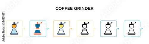 Coffee grinder vector icon in 6 different modern styles. Black, two colored coffee grinder icons designed in filled, outline, line and stroke style. Vector illustration can be used for web, mobile, ui