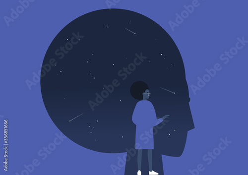 Psychoanalysis, young black female character studying their own subconscious, stars and comets inside a dark silhouette