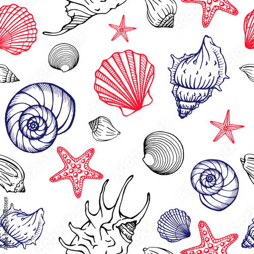 Seamless pattern with seashells and starfishes. Marine background. Hand drawn vector illustration in sketch style. Perfect for greetings, invitations, coloring books, textile, wedding and web design.