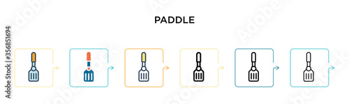 Paddle vector icon in 6 different modern styles. Black, two colored paddle icons designed in filled, outline, line and stroke style. Vector illustration can be used for web, mobile, ui