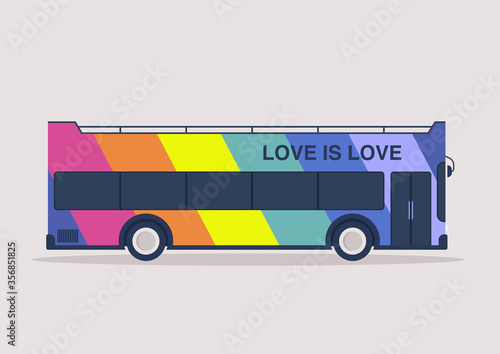 Love is Love, a colourful rainbow LGBTQ bus, Happy Pride month, Gay, Lesbian, Bisexual, Transgender, Queer community rights