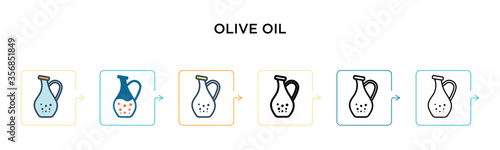 Olive oil vector icon in 6 different modern styles. Black, two colored olive oil icons designed in filled, outline, line and stroke style. Vector illustration can be used for web, mobile, ui