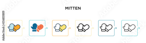 Mitten vector icon in 6 different modern styles. Black, two colored mitten icons designed in filled, outline, line and stroke style. Vector illustration can be used for web, mobile, ui