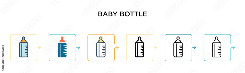 Baby bottle vector icon in 6 different modern styles. Black, two colored baby bottle icons designed in filled, outline, line and stroke style. Vector illustration can be used for web, mobile, ui Baby bottle vector icon in 6 different modern styles. Black, two colored baby bottle icons designed in filled, outline, line and stroke style. Vector illustration can be used for web, mobile, ui