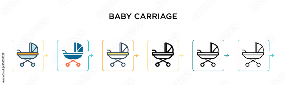 Baby carriage vector icon in 6 different modern styles. Black, two colored baby carriage icons designed in filled, outline, line and stroke style. Vector illustration can be used for web, mobile, ui Baby carriage vector icon in 6 different modern styles. Black, two colored baby carriage icons designed in filled, outline, line and stroke style. Vector illustration can be used for web, mobile, ui